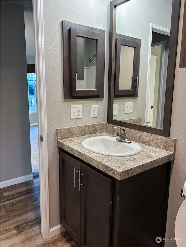 bathroom with vanity and wood-type flooring