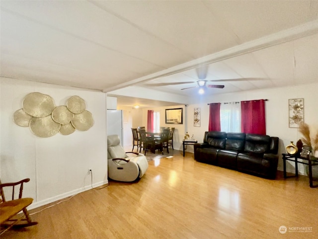 living room with ceiling fan and wood-type flooring