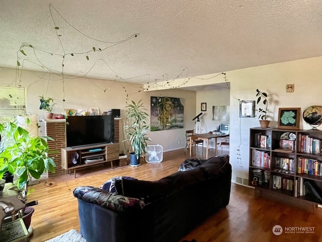 living room with a textured ceiling and hardwood / wood-style flooring