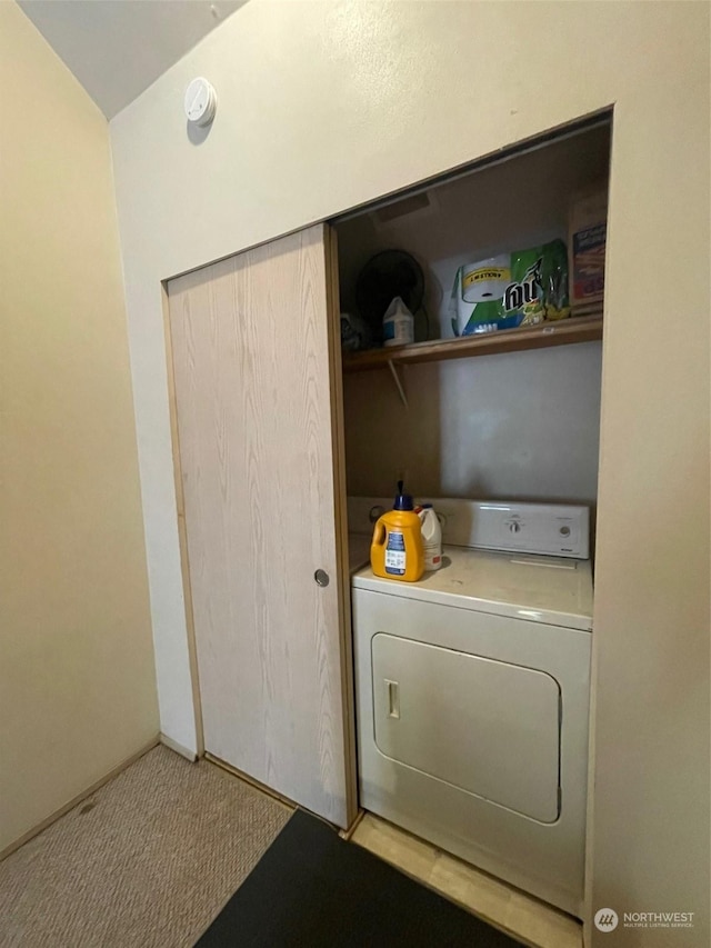 laundry room featuring light colored carpet and washer / dryer