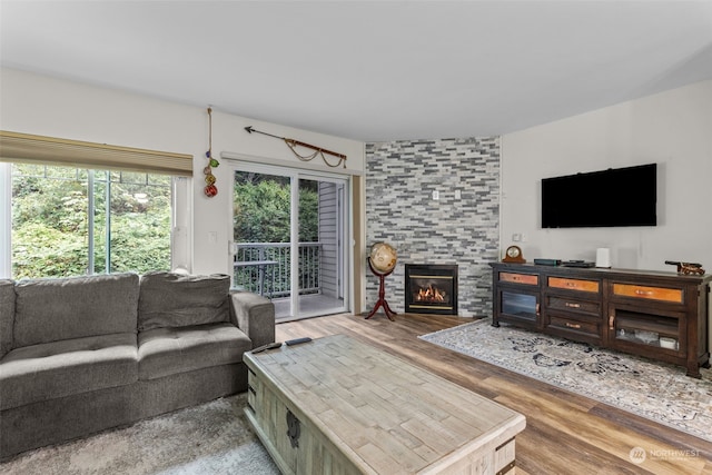 living room with hardwood / wood-style floors and a tile fireplace