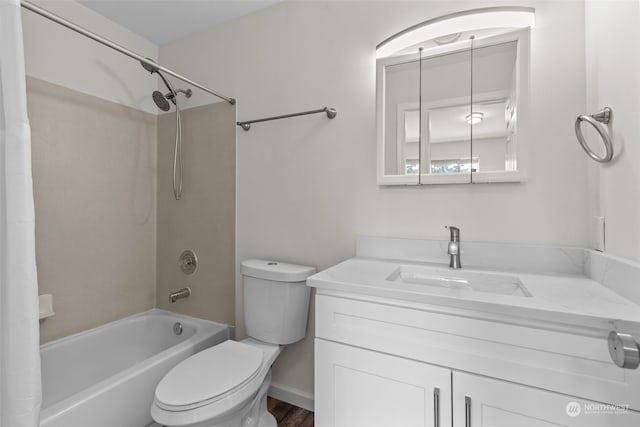 full bathroom with toilet, vanity, wood-type flooring, and shower / bath combo