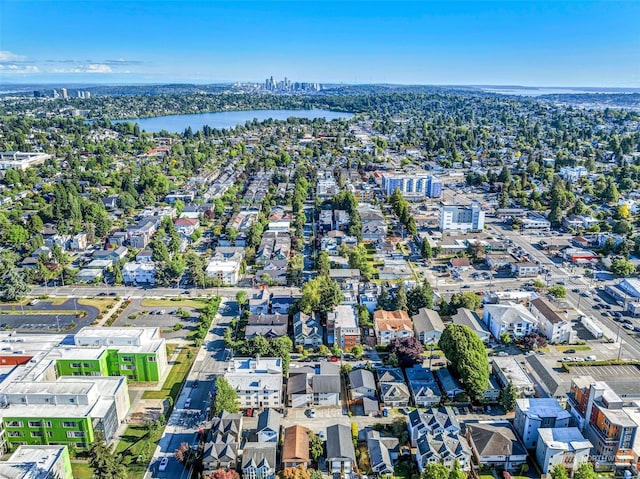 drone / aerial view featuring a water view