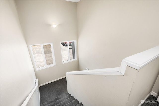 staircase featuring carpet and baseboards