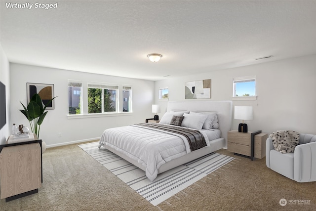 bedroom with a textured ceiling, carpet, visible vents, and baseboards