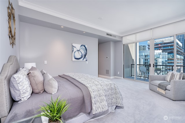 bedroom with carpet, french doors, access to exterior, and ornamental molding