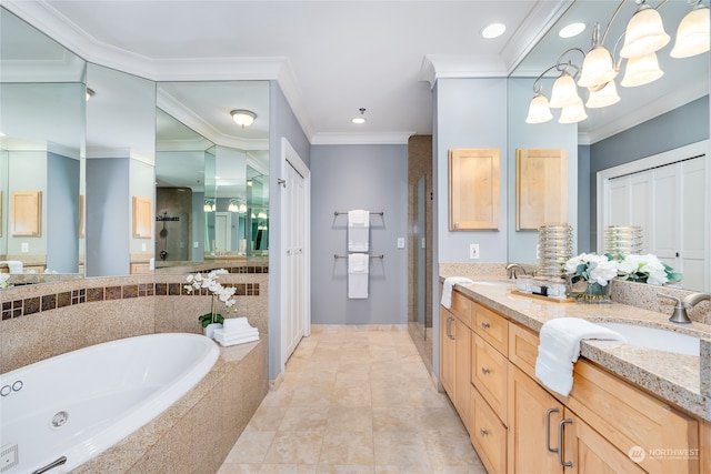 bathroom with tile patterned flooring, ornamental molding, shower with separate bathtub, and vanity