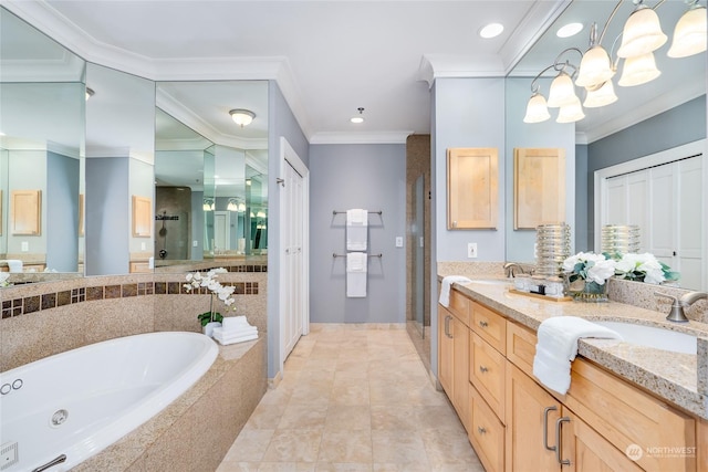 bathroom featuring tile patterned flooring, ornamental molding, a bath, double vanity, and a stall shower