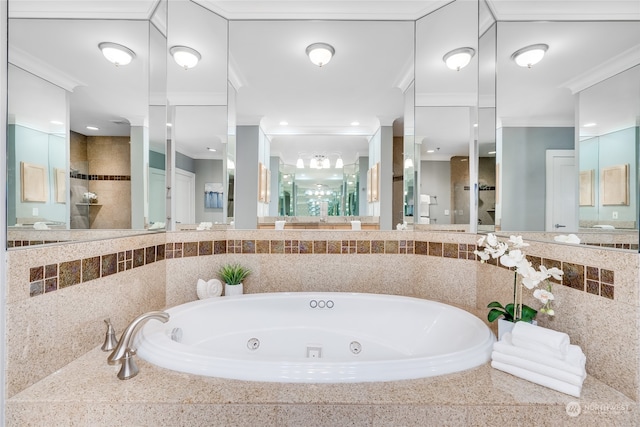 bathroom featuring plus walk in shower and crown molding