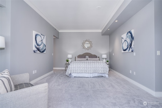 bedroom featuring carpet flooring and ornamental molding