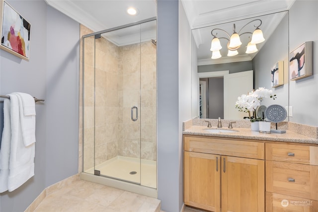 bathroom with tile patterned floors, ornamental molding, a shower with door, and vanity