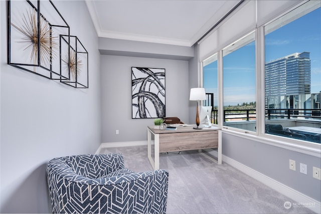 home office with carpet flooring and crown molding