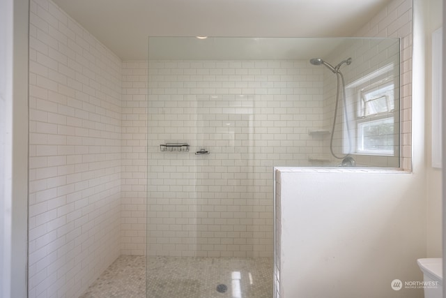 bathroom with a tile shower and toilet