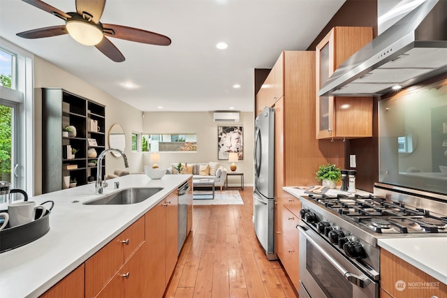 kitchen with light hardwood / wood-style flooring, appliances with stainless steel finishes, sink, wall chimney exhaust hood, and ceiling fan