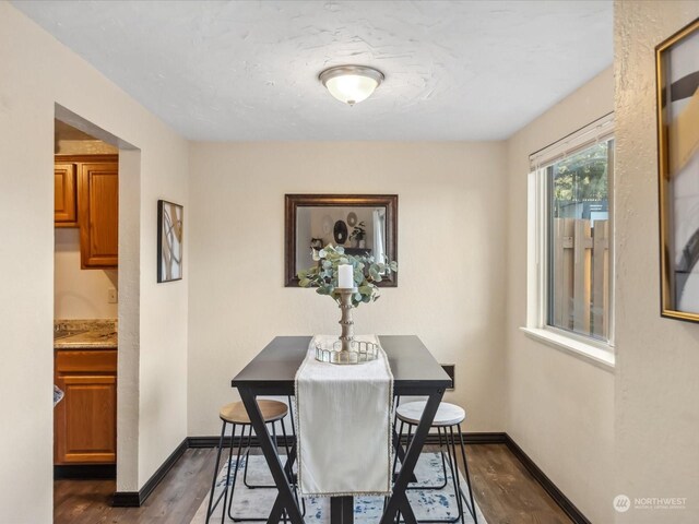 dining area featuring baseboards and dark wood-style flooring