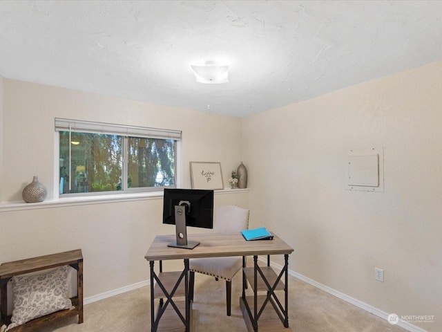 office area featuring light colored carpet and baseboards