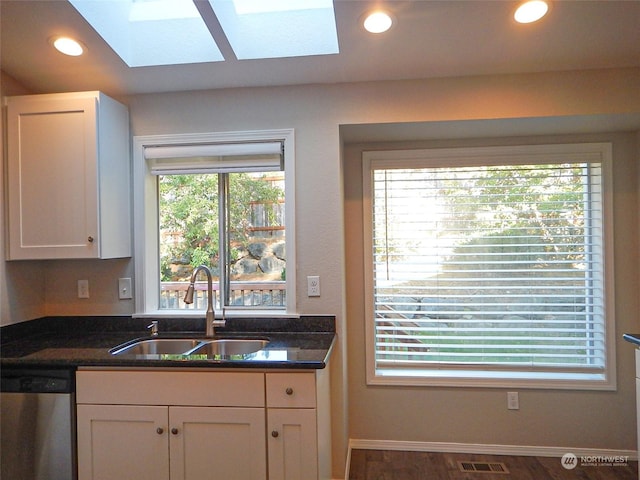 kitchen featuring visible vents, stainless steel dishwasher, white cabinetry, a sink, and plenty of natural light