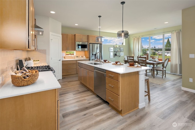 kitchen featuring pendant lighting, stainless steel appliances, light hardwood / wood-style floors, sink, and a kitchen island with sink