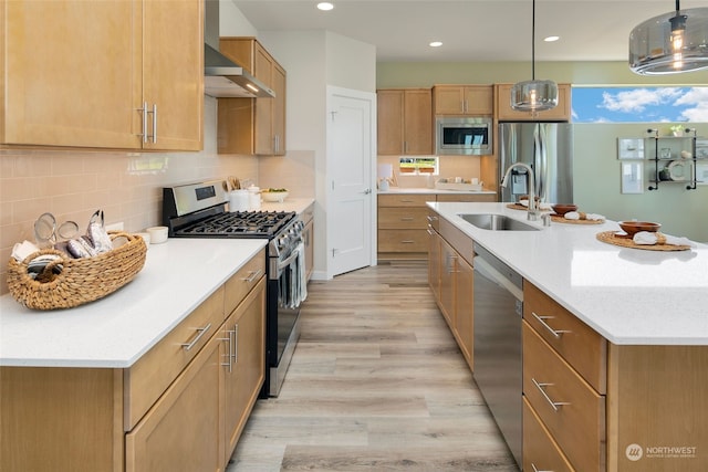 kitchen featuring pendant lighting, appliances with stainless steel finishes, wall chimney exhaust hood, light hardwood / wood-style floors, and sink