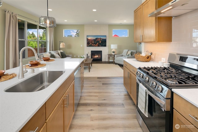 kitchen featuring light hardwood / wood-style floors, a tile fireplace, sink, pendant lighting, and stainless steel appliances