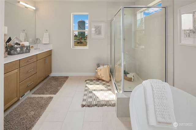 bathroom with vanity, an enclosed shower, and tile patterned flooring