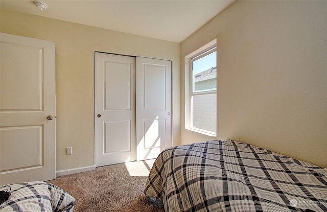 bedroom with carpet and a closet