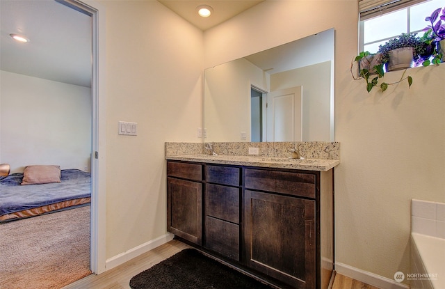 bathroom featuring vanity, a bath, and wood-type flooring