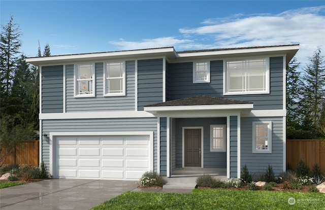 view of front of house featuring an attached garage, driveway, and fence