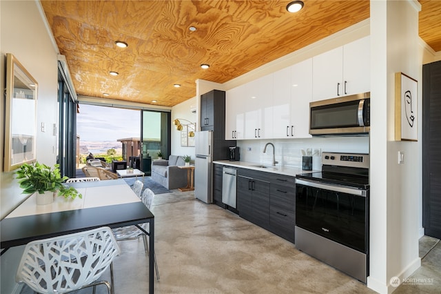 kitchen featuring backsplash, stainless steel appliances, sink, wooden ceiling, and white cabinets