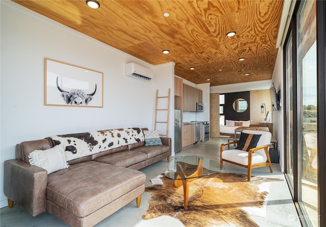 living room featuring wood ceiling, ornamental molding, and a wall mounted air conditioner