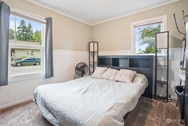 carpeted bedroom with crown molding