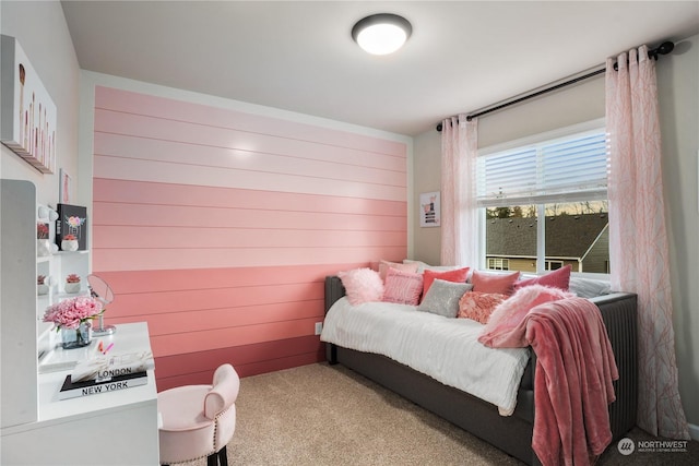 bedroom featuring light colored carpet