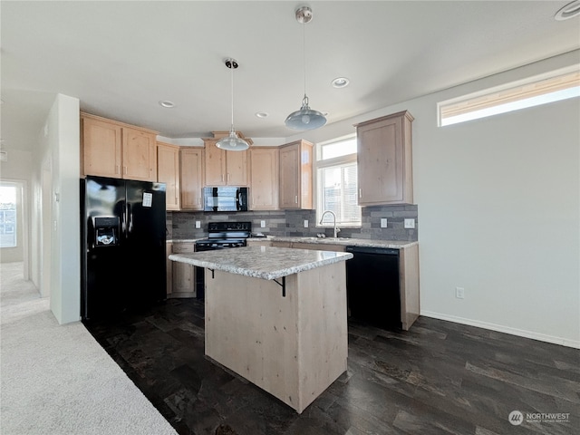 kitchen with a kitchen island, dark hardwood / wood-style floors, black appliances, sink, and light brown cabinets