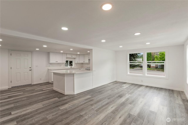 kitchen featuring light countertops, white cabinets, recessed lighting, and wood finished floors