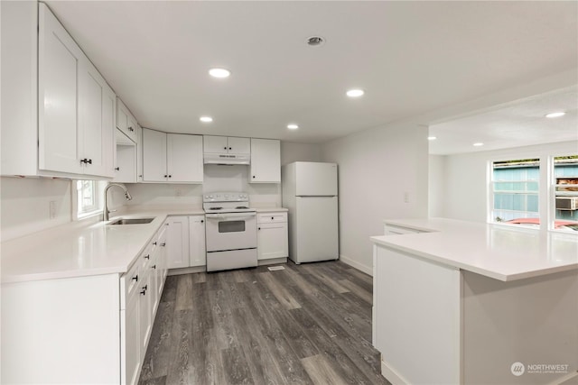 kitchen with under cabinet range hood, white appliances, a sink, white cabinetry, and dark wood finished floors