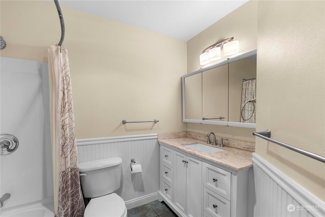 full bathroom featuring vanity, toilet, shower / tub combo, and tile patterned floors