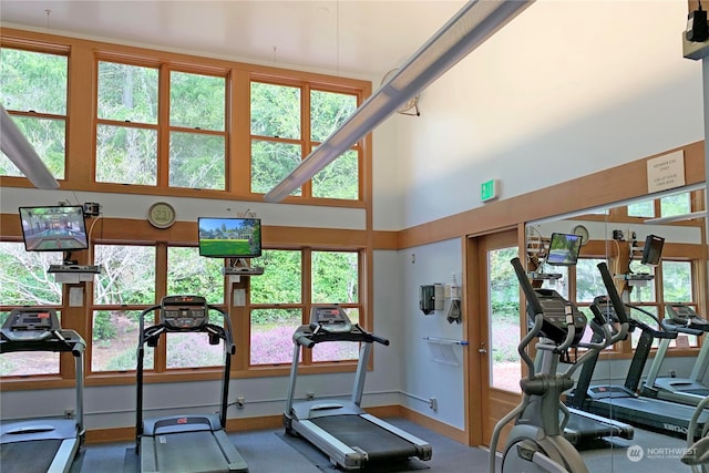 gym with a towering ceiling