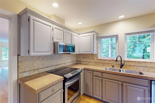 kitchen with gray cabinets, sink, and stainless steel appliances