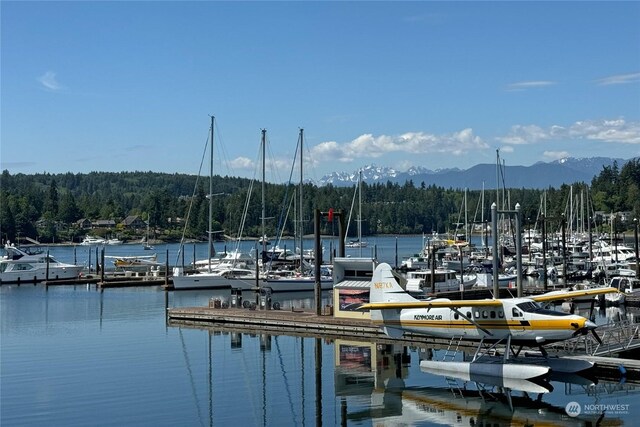 view of dock featuring a water and mountain view