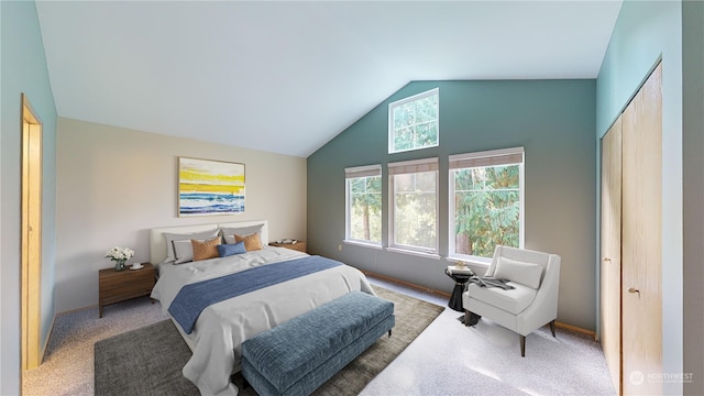 bedroom with carpet, a closet, and lofted ceiling