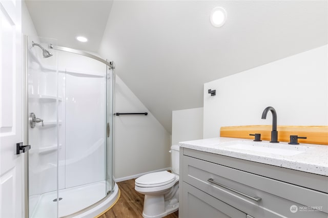 bathroom featuring lofted ceiling, vanity, hardwood / wood-style floors, and a shower with shower door