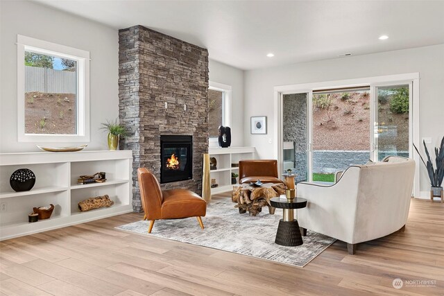 living room with light hardwood / wood-style floors, a healthy amount of sunlight, and a stone fireplace