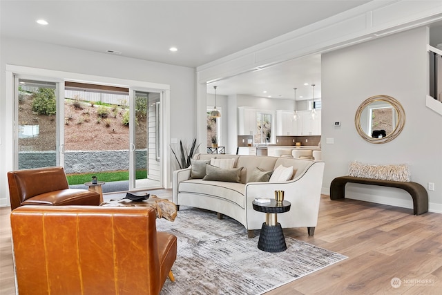 living room featuring a wealth of natural light and light hardwood / wood-style floors