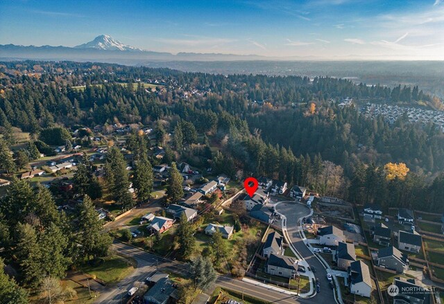 drone / aerial view featuring a mountain view