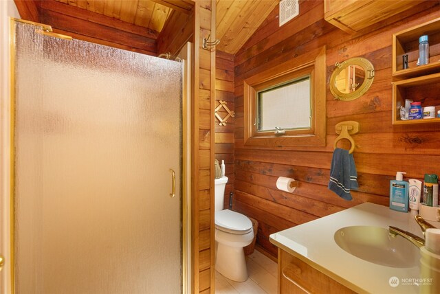 bathroom featuring toilet, walk in shower, vanity, wood ceiling, and lofted ceiling