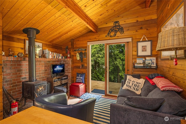 living room with a wood stove, wooden ceiling, and vaulted ceiling with beams