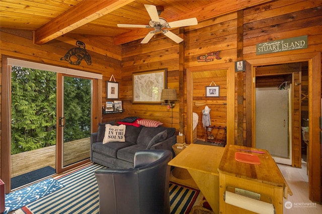 living room with wood ceiling, ceiling fan, beamed ceiling, and wooden walls