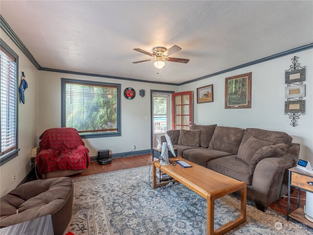 living room with a wealth of natural light, ceiling fan, and wood-type flooring