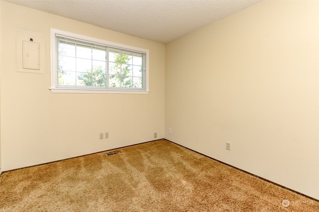 unfurnished room with a textured ceiling, carpet flooring, and electric panel