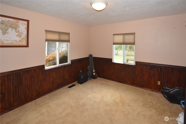 spare room with a textured ceiling and light carpet